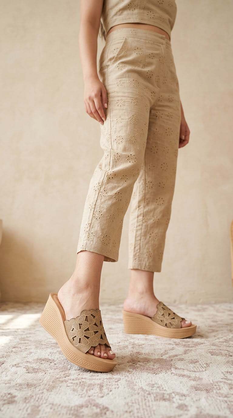 Floral Laser-Cut Wedge Sandals | Scalloped Edge Slip-On Mules