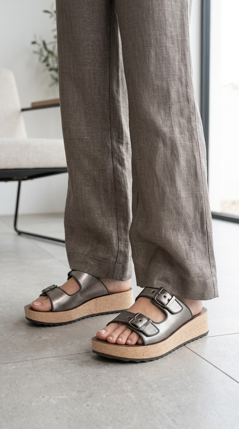 Metallic Finish Double-Strap Platform Sandals | Modern Women's Slides